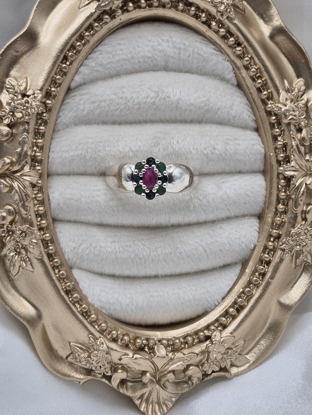 Cluster GEMSTONES STERLING SILVER Ruby, Sapphires, & Emeralds Size 9 Flower